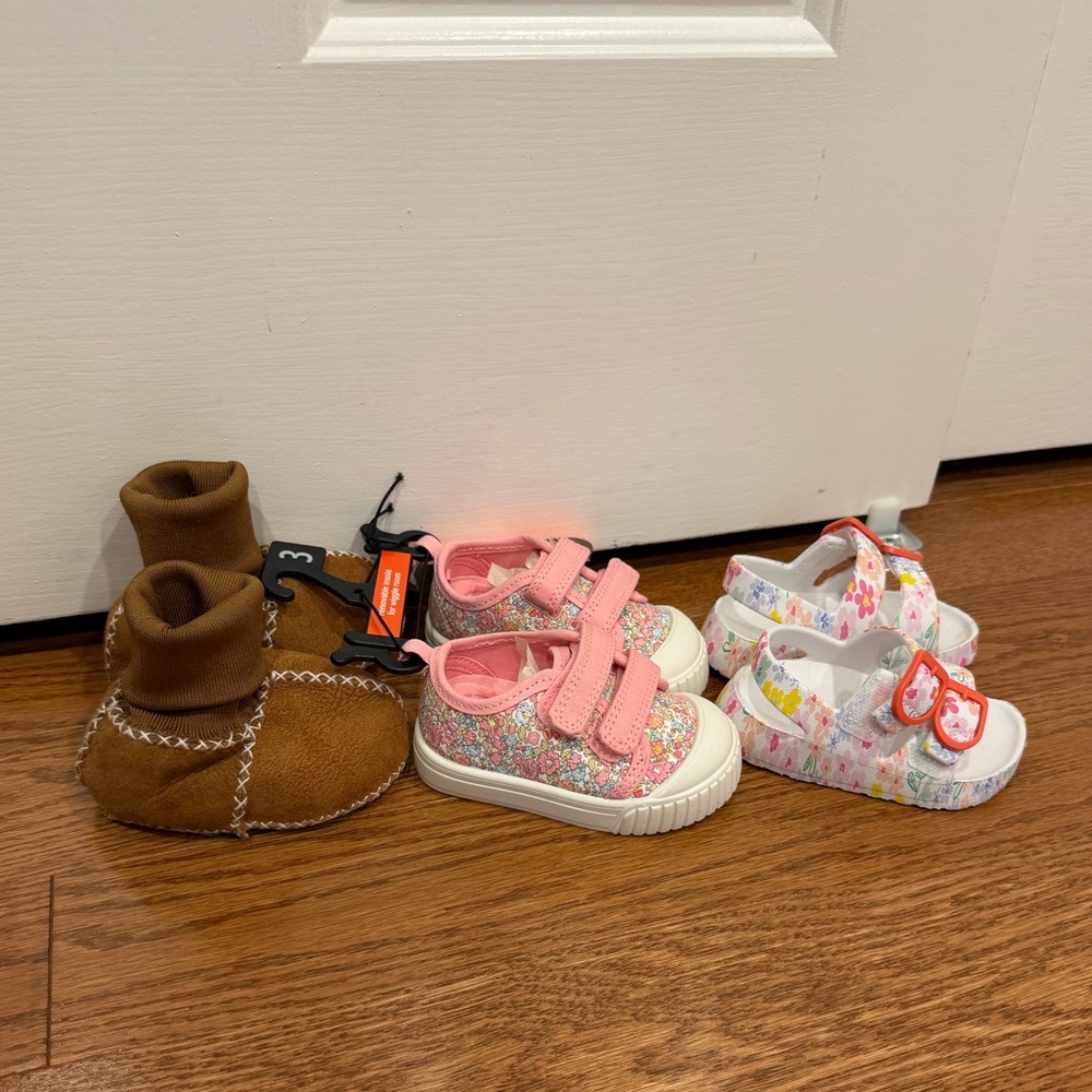 Brown Booties, Pink Sneakers, and White Sandals Set